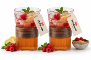 2x SZKLANKI BOROKRZEMOWE RYFLOWANE DO NAPOJÓW 300 ml z OSŁONKĄ BERGMAN