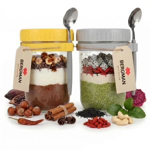2x SZKLANY POJEMNIK NA OWSIANKĘ ŻÓŁTY SZARY 500 ml Z MIARKĄ I POKRYWKĄ BERGMAN