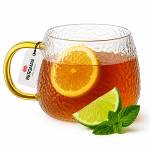 Szklanka ryflowana 420ml z uchem kubek szklany do kawy i herbaty Bergman