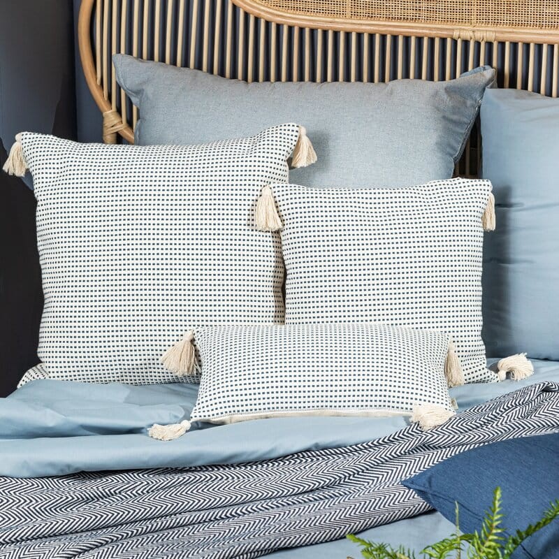 BOHO POSZEWKA GRANATOWA CHWOSTY 45x45 POMPONY