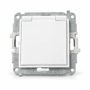 Mechanizm gniazda bryzgoszczelnego z uziemieniem SCHUKO 2P+Z (klapka biała, przesłony torów prądowych) Karlik MINI biały MGPB-1sp