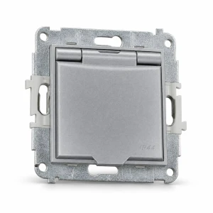 Mechanizm gniazda bryzgoszczelnego z uziemieniem 2P+Z (klapka srebrny metalik, przesłony torów prądowych) Karlik MINI srebrny metalik 7MGPB-1zp