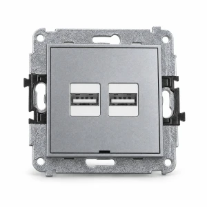 Mechanizm ładowarki USB podwójnej 2xUSB A, 15,5W max., 5V, 3.1A, bez pola opisowego Karlik MINI srebrny metalik 7MCUSBBO-6