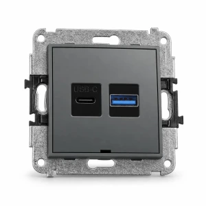 Mechanizm ładowarki USB podwójnej USB C + USB A, 20W max., bez pola opisowego Karlik MINI grafitowy mat 28MCUSBBO-8