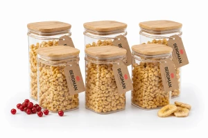 6x POJEMNIKI NA ŻYWNOŚĆ SŁOIK SZKLANY 1000 ml Z BAMBUSOWĄ POKRYWKĄ BERGMAN