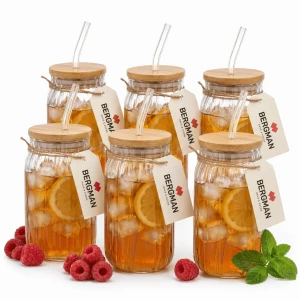6x SZKLANKI ZE SŁOMKĄ 480 ml PRĄŻKOWANA BAMBUSOWA POKRYWKA DO NAPOJÓW