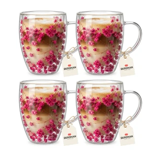 4x SZKLANKI TERMICZNE DO KAWY LATTE HERBATY KWIATY Z PODWÓJNYM DNEM 350 ml