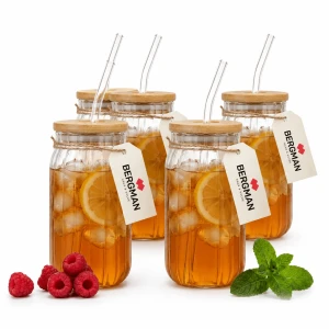 4x SZKLANKI ZE SŁOMKĄ 480 ml PRĄŻKOWANA BAMBUSOWA POKRYWKA DO NAPOJÓW