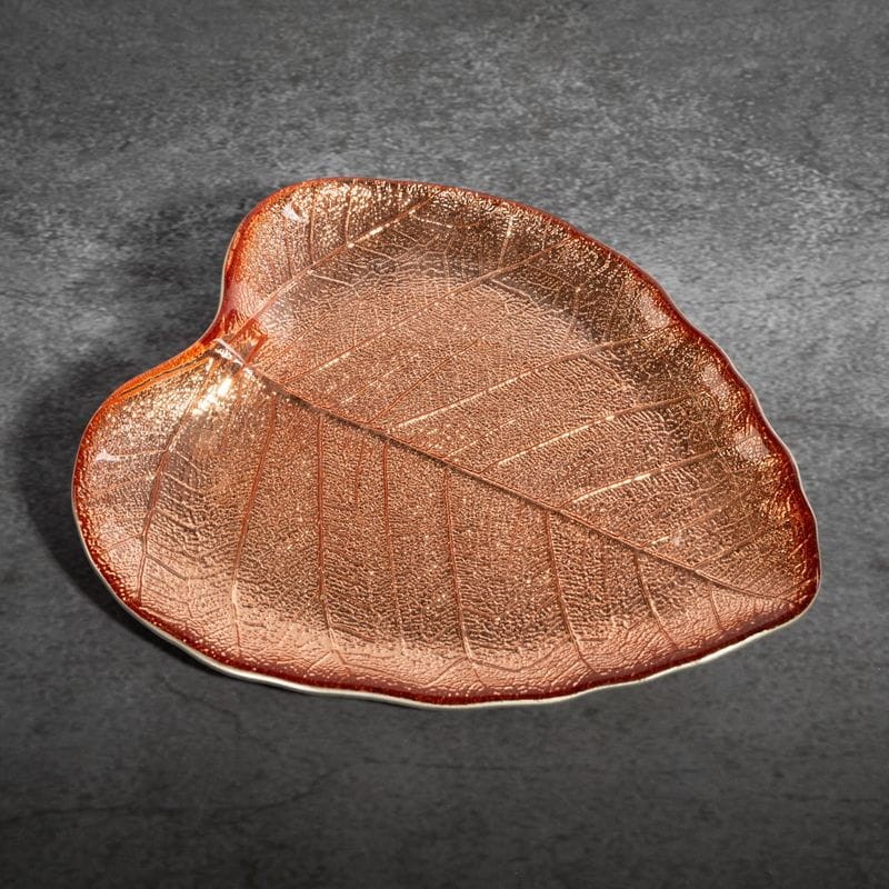SZKLANA PATERA TALERZ LIŚĆ 24X21X2 CM MIEDZIANA