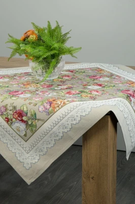 Obrus 100X100 gobelinowy OLIWKOWY ŻAKARDOWY róże