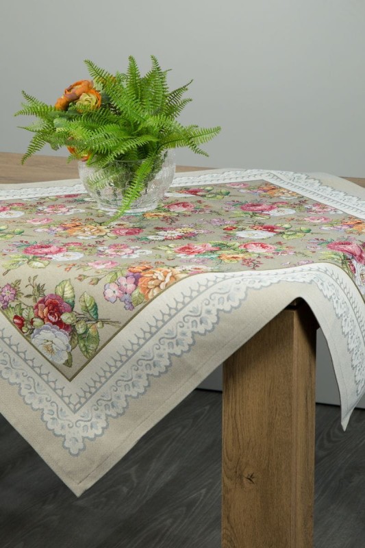 Obrus 100X100 gobelinowy OLIWKOWY ŻAKARDOWY róże
