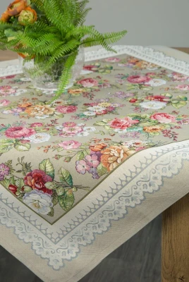 Obrus 100X100 gobelinowy OLIWKOWY ŻAKARDOWY róże