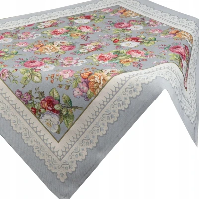 Obrus 100X100 gobelinowy SZARY ŻAKARDOWY róże