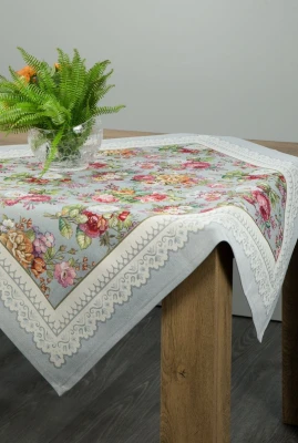 Obrus 100X100 gobelinowy SZARY ŻAKARDOWY róże