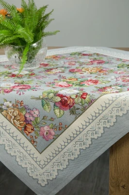 Obrus 100X100 gobelinowy SZARY ŻAKARDOWY róże