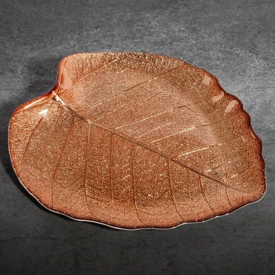 SZKLANA PATERA TALERZ LIŚĆ 28X25X2 CM MIEDZIANA