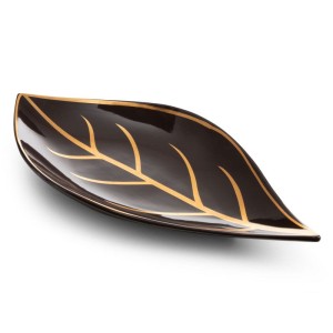 Patera ceramiczna 41x20x4 brązowa złota liść