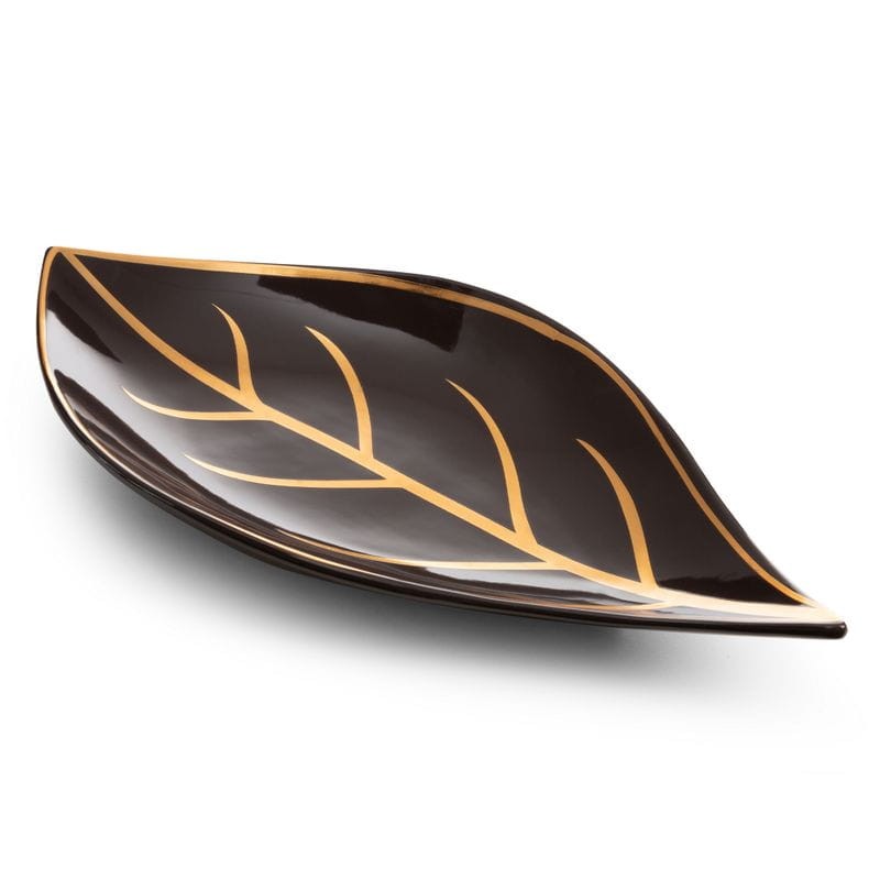 Patera ceramiczna 41x20x4 brązowa złota liść