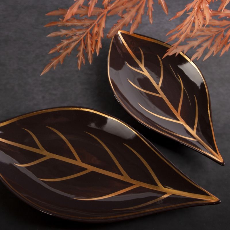 Patera ceramiczna 41x20x4 brązowa złota liść