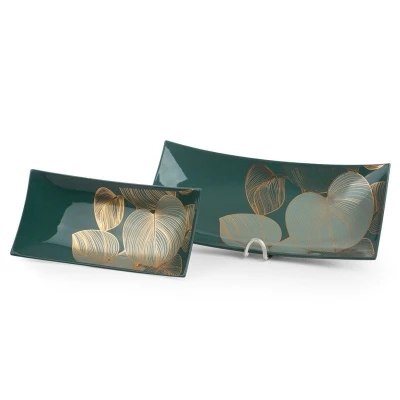 Patera ceramiczna 41x20x6 zielona złota liście