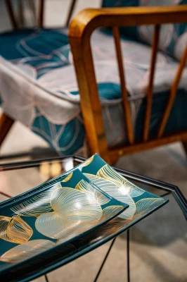 Patera ceramiczna 41x20x6 zielona złota liście