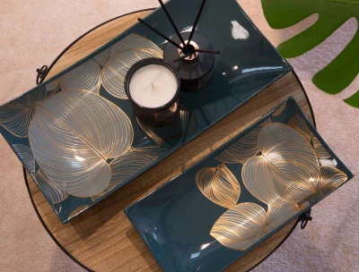 Patera ceramiczna 41x20x6 zielona złota liście