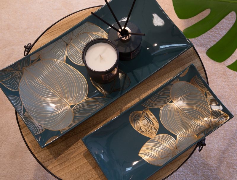 Patera ceramiczna 41x20x6 zielona złota liście