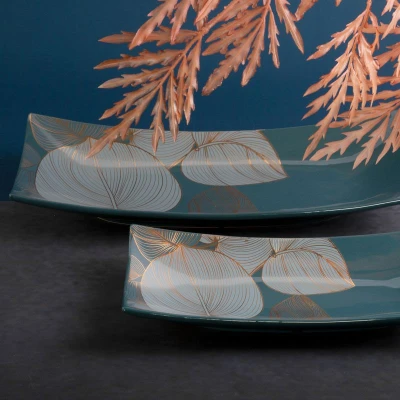 Patera ceramiczna 41x20x6 zielona złota liście