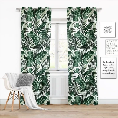 Zasłona Gotowa do Salonu na Przelotkach 140 x 250 Palmy Liście Jungle Zielona