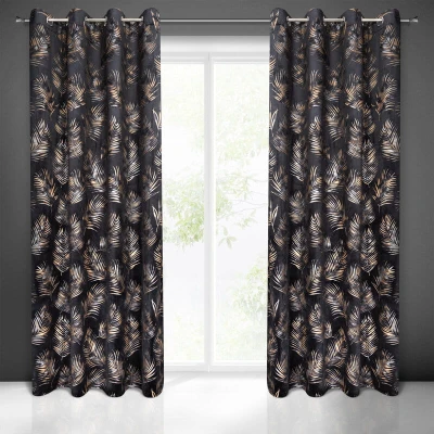 Zasłona gotowa w złote liście 140X250 Czarna