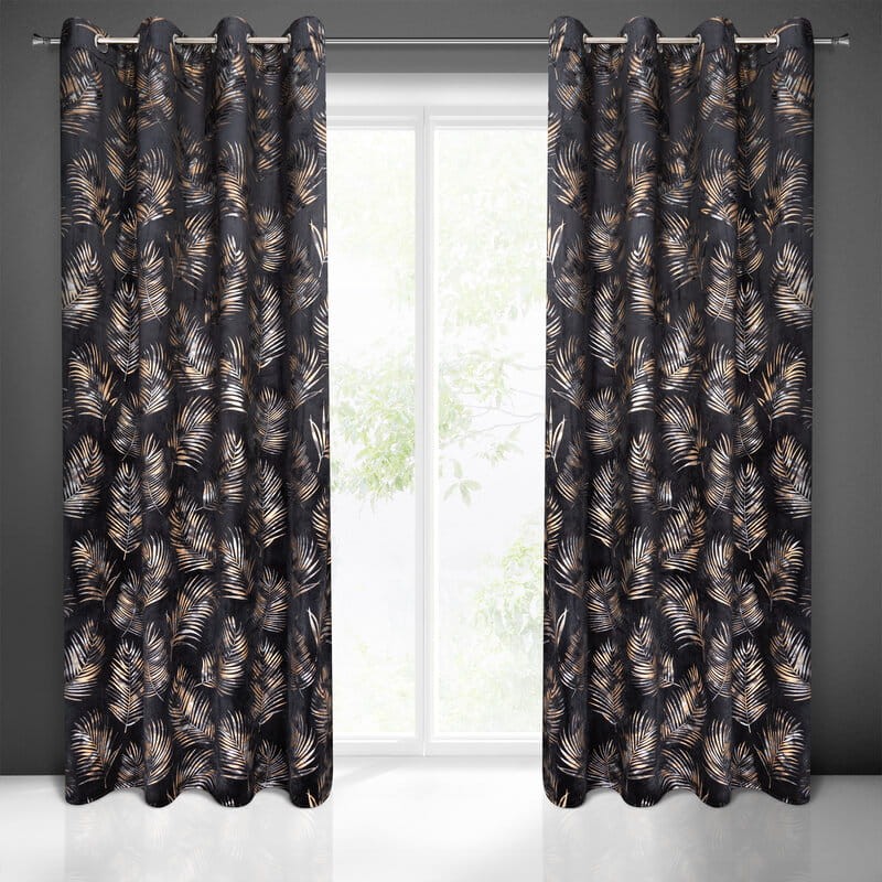 Zasłona gotowa w złote liście 140X250 Czarna