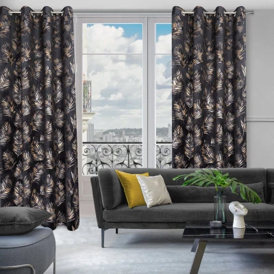 Zasłona gotowa w złote liście 140X250 Czarna