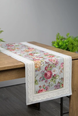 Obrus bieżnik 47x140 gobelinowy szary róże
