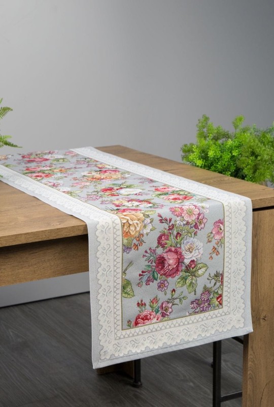 Obrus bieżnik 47x140 gobelinowy szary róże