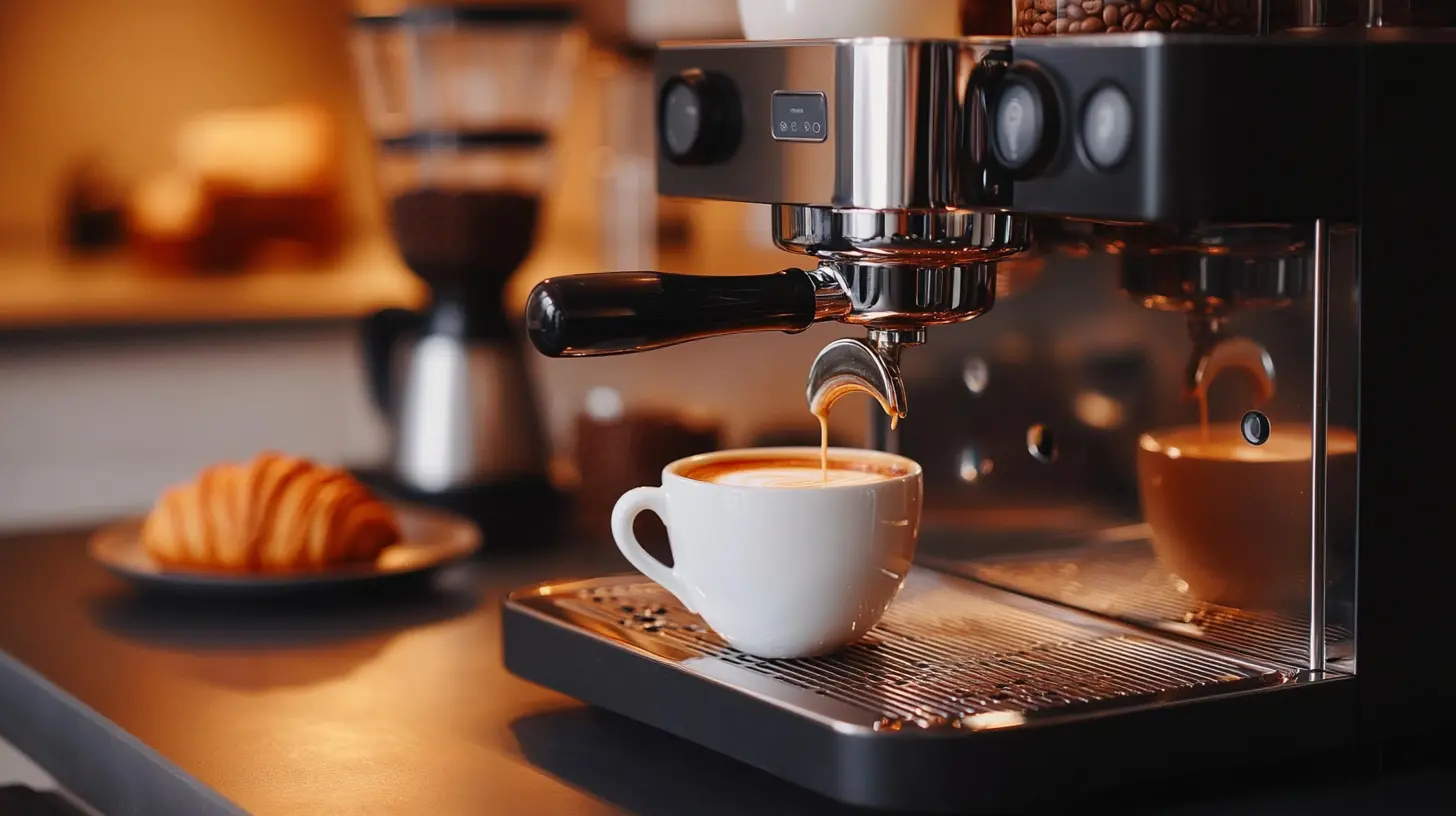 Automatyczny ekspres do kawy przygotowuje filiżankę aromatycznego espresso. Strumień kawy spływa z portafiltra prosto do białej filiżanki, tworząc aksamitną piankę. W tle widoczny jest młynek do kawy oraz talerz z chrupiącym croissantem, co tworzy przytulną, kawiarnianą atmosferę.