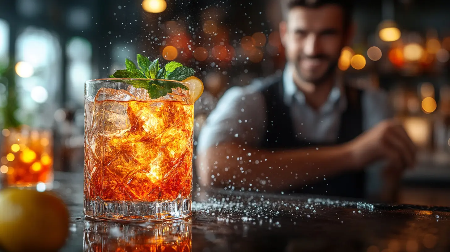 Zdjęcie ukazuje barmana sypiącego cukier na drinka
