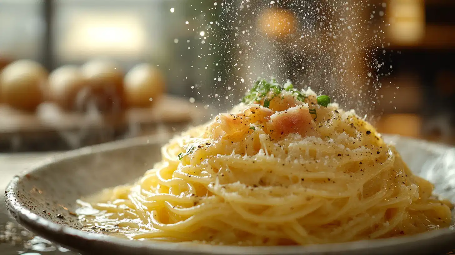 Zdjęcie ukazuje makaron carbonara, na który sypany jest ser