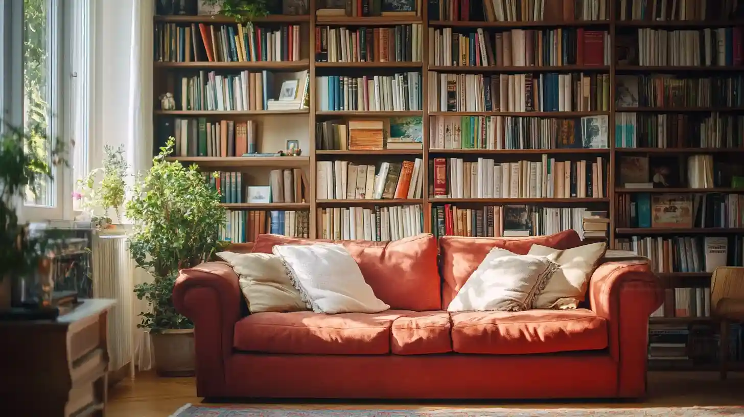 Zdjęcie przedstawia salon, w którym widnieje kanapa i domowa biblioteczka