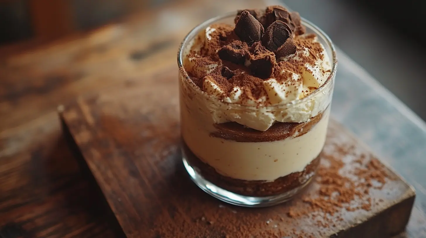 Zdjęcie przedstawia ręcznie robione tiramisu w szklanym kubku posypane kakaem 