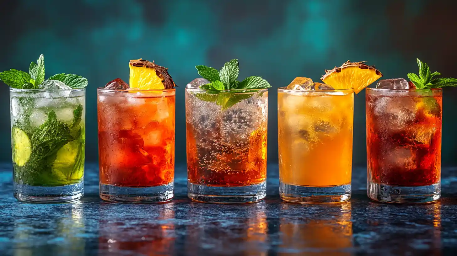 Różnego rodzaju kolorowe drinki stojące na blacie