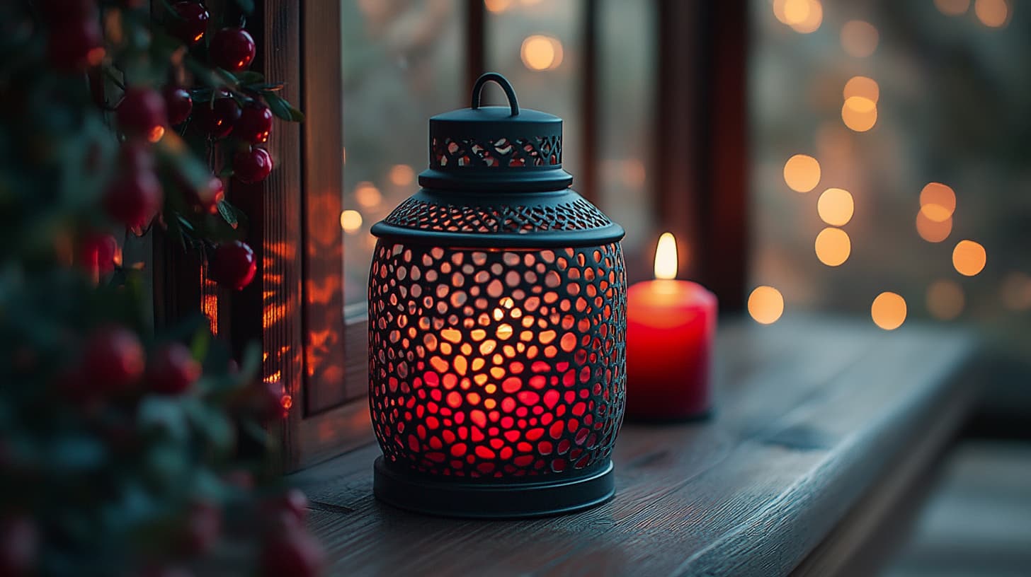 Zdjęcie ukazuje elegancki, czerwony lampion na tle szyby