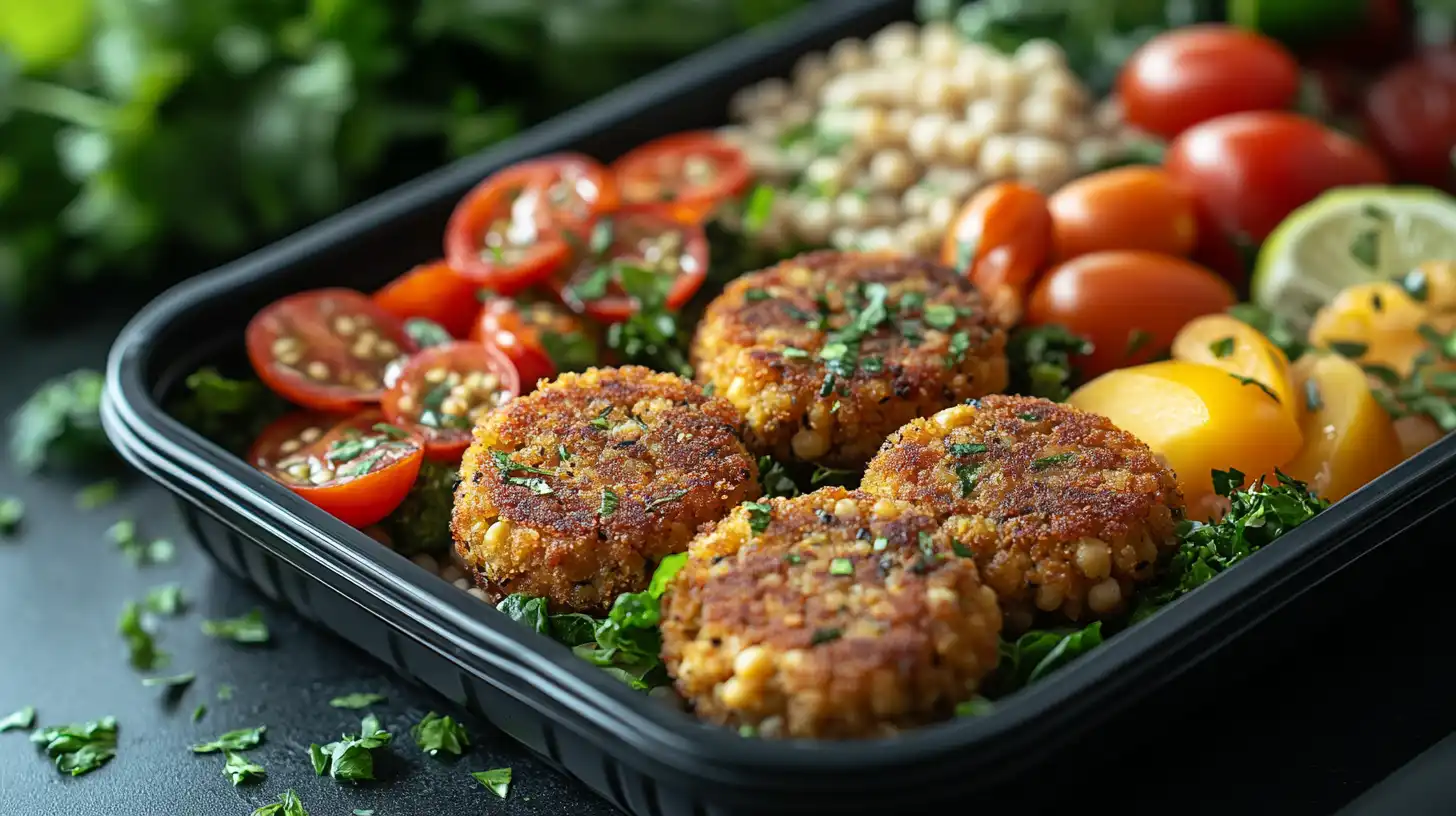 Lunchbox z kotletami z ciecierzycy i kaszy jaglanej, zdrowym posiłkiem w pojemniku na wynos