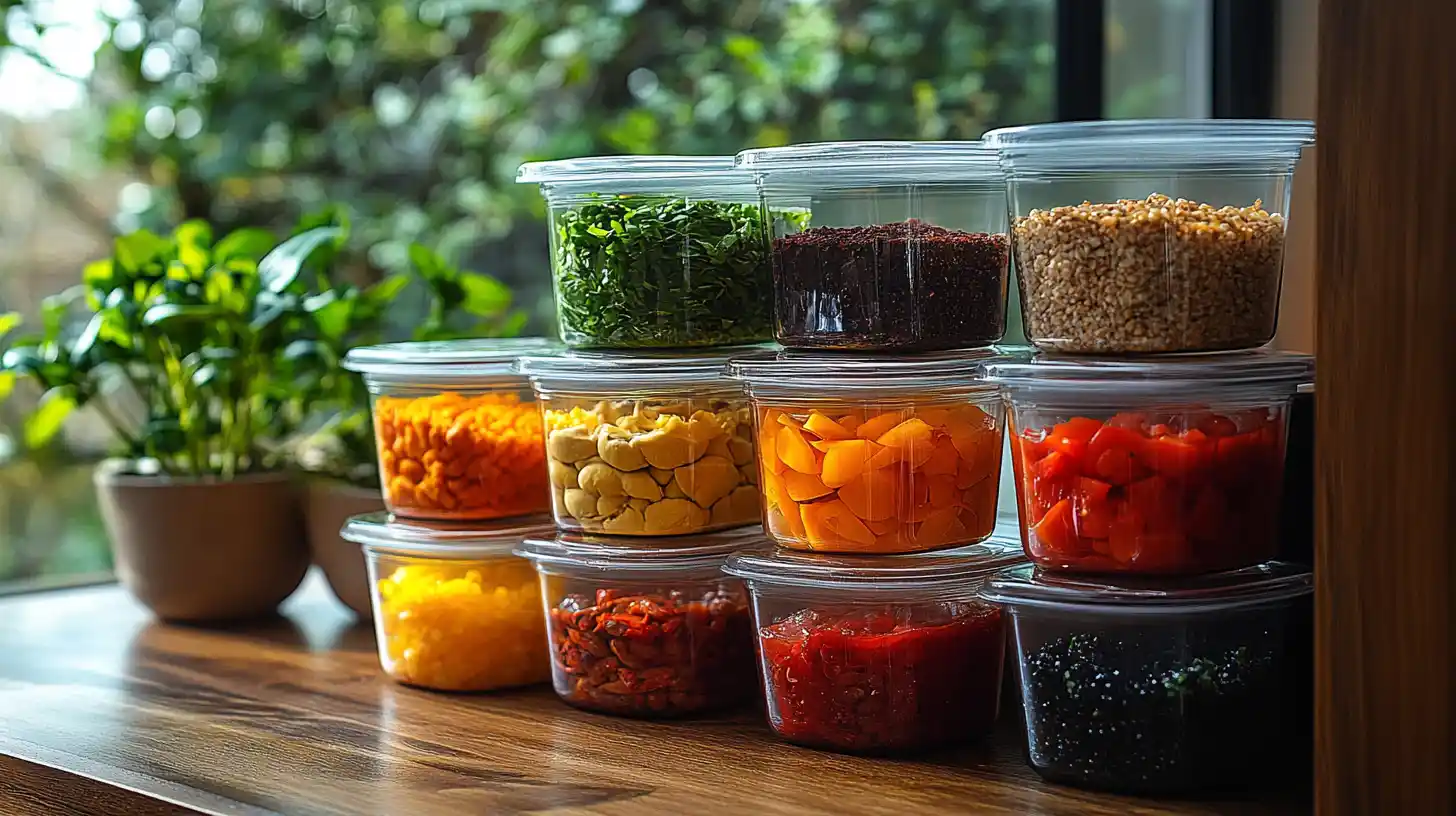 Na drewnianym blacie ustawione są przezroczyste plastikowe pojemniki z pokrywkami, wypełnione różnymi produktami spożywczymi. W środku widać pokrojone warzywa, orzechy, kasze i suszone owoce, ułożone w estetyczne stosy. W tle znajduje się okno, przez które wpada naturalne światło, oraz zielone rośliny doniczkowe, dodające przyjemnej atmosfery.