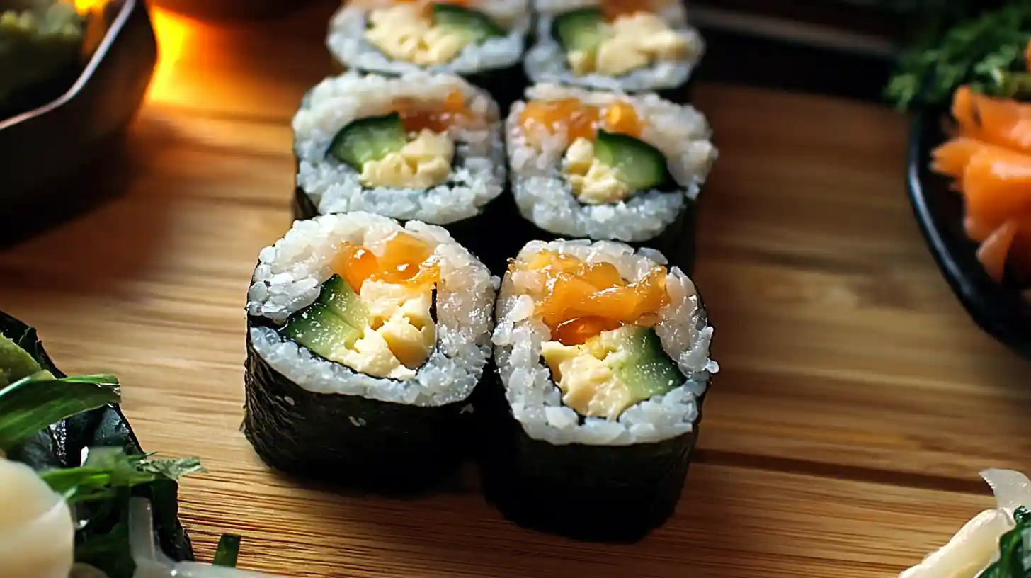 Zdjęcie przedstawia domowo zrobione sushi z awokado