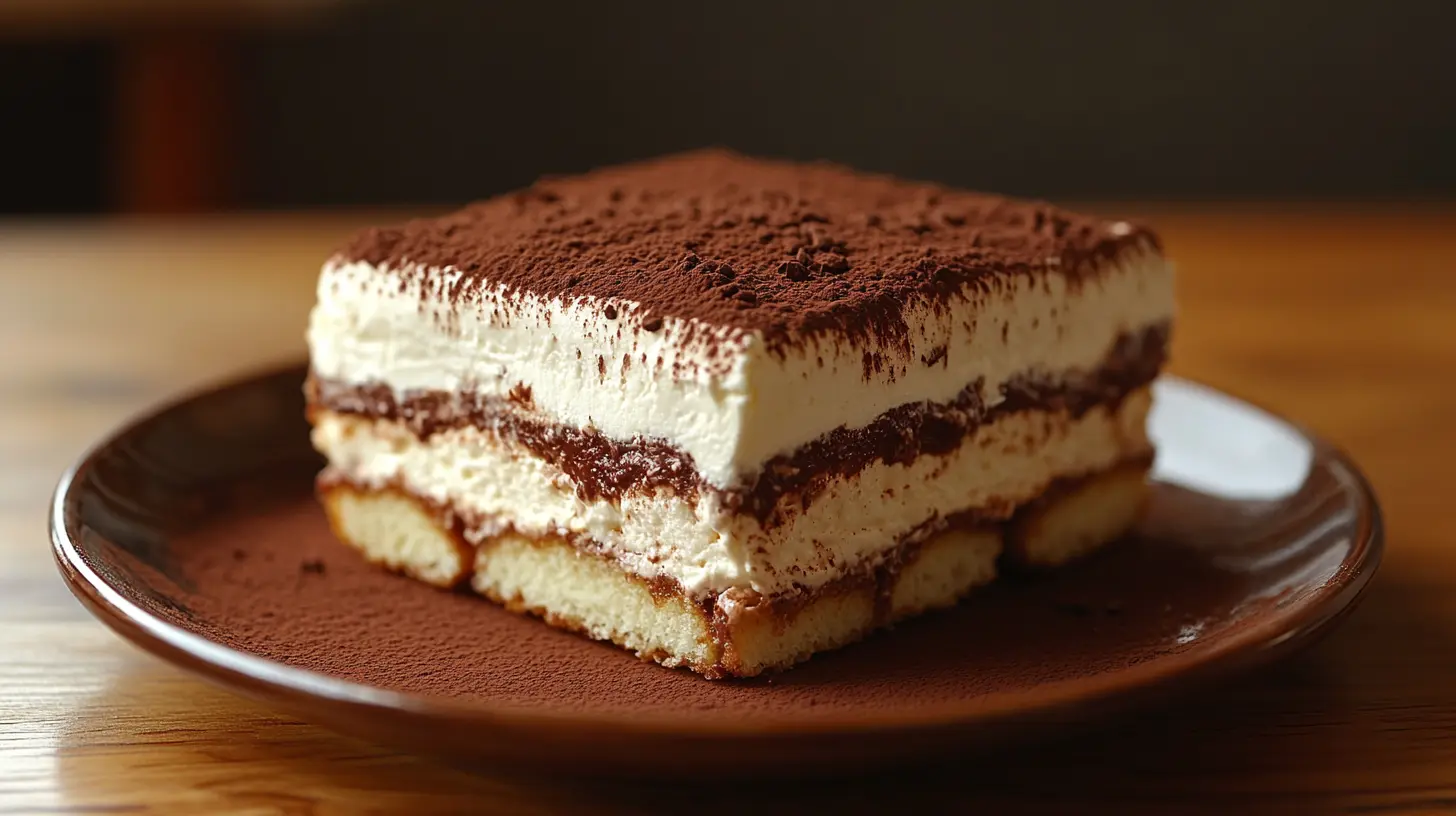 Zdjęcie ukazuje kawałek tiramisu na talerzu