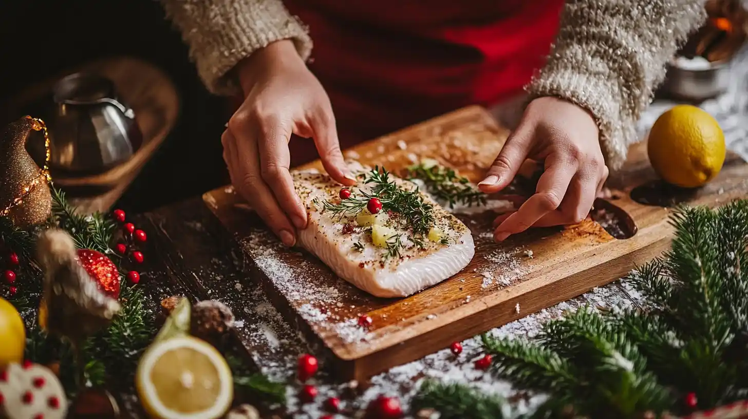 Zdjęcie przedstawia kobietę przygotowującą wigilijnego karpia