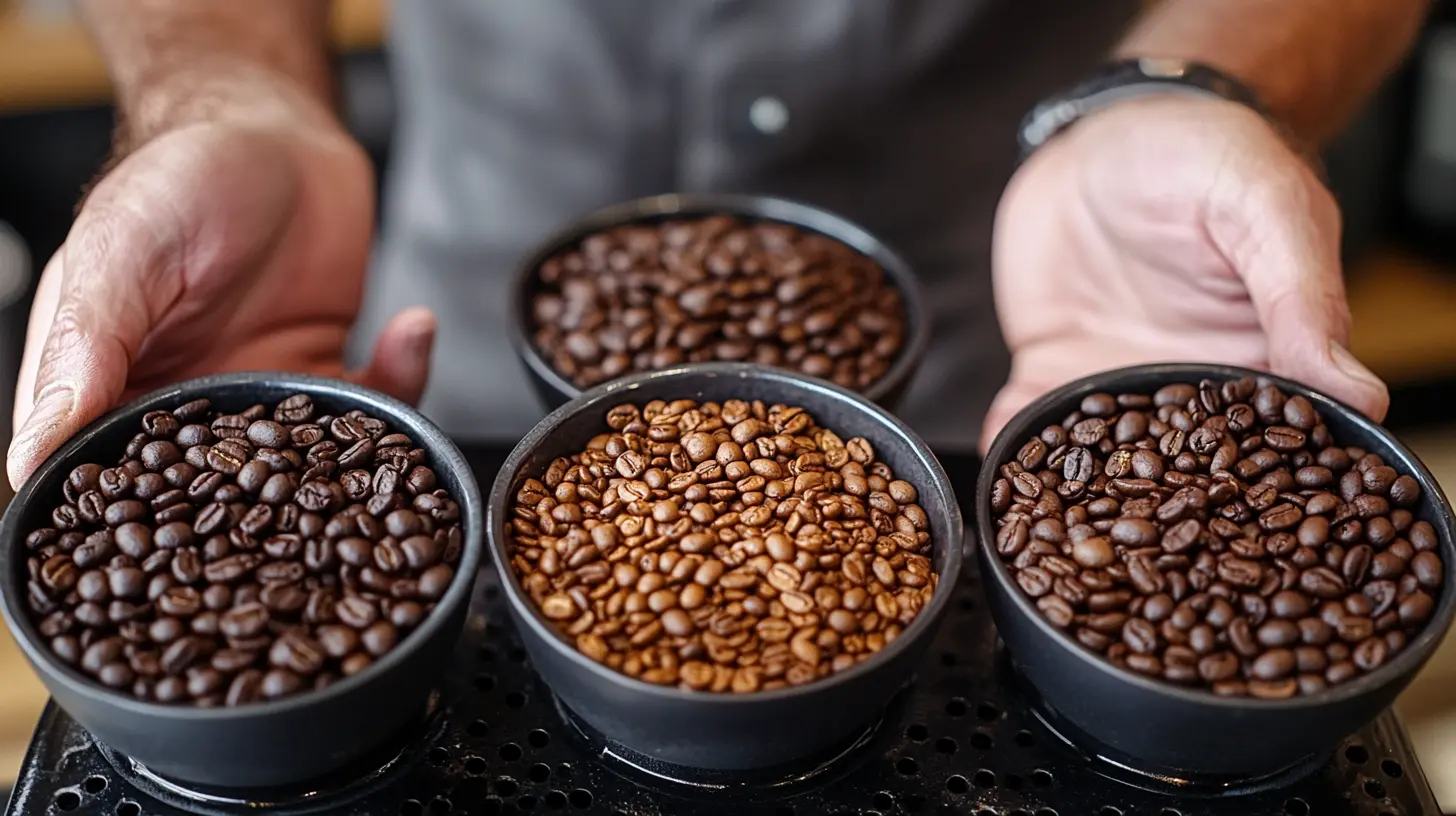 Zdjęcie ukazuje różne rodzaje ziaren kawy trzymane przez baristę