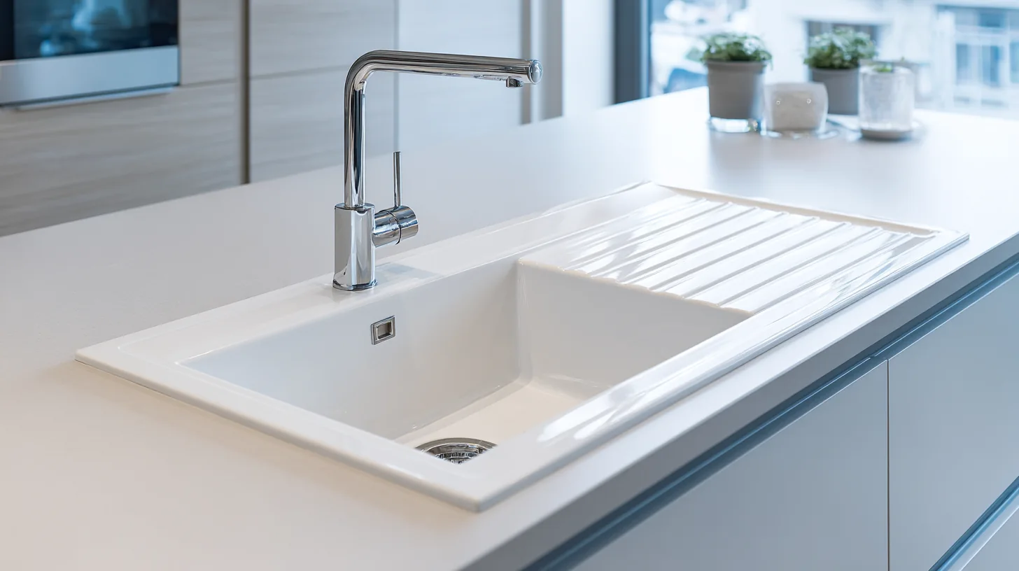 Biały zlew ceramiczny w minimalistycznej kuchni