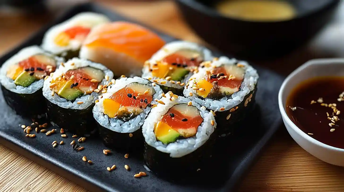 Zdjęcie ukazuje domowo zrobione sushi na japońskiej tacy
